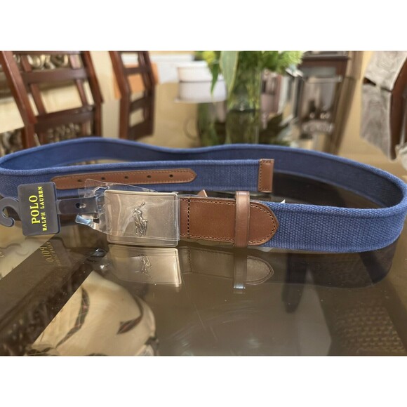 NWT Polo Ralph Lauren MEN'S BELT  40  Pony Plaque Canvas & Leather Navy - Picture 3 of 5